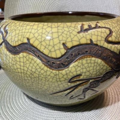 Vintage Asian Crackled Stoneware Dragon Planter/Bowl 10.5" Diameter & 6.5" Tall in VG Preowned Condition as Pictured.