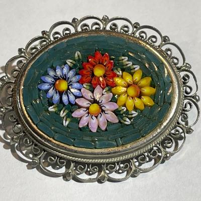 Vintage OVAL Glass Micro-mosaic Gold-tone Pin/Brooch 1.75" Wide Made in Italy VG Preowned Condition.