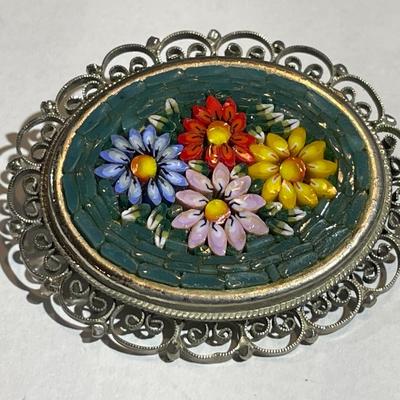Vintage OVAL Glass Micro-mosaic Gold-tone Pin/Brooch 1.75" Wide Made in Italy VG Preowned Condition.