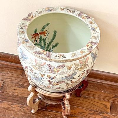 Porcelain Butterfly Motif Planter With Fish Bowl Painted Inside ~ On Wooden Stand
