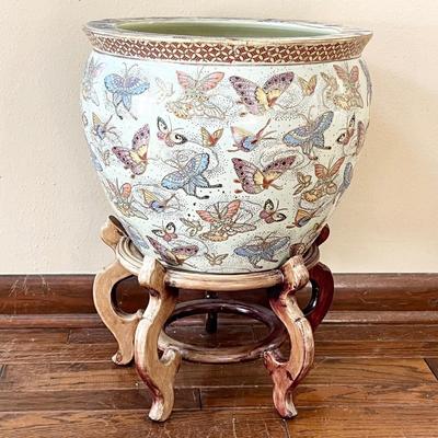 Porcelain Butterfly Motif Planter With Fish Bowl Painted Inside ~ On Wooden Stand