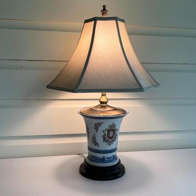 ORIENTAL ACCENT ~ One (1) Porcelain & Bronze Lamp With Wood Base