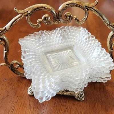 Brass Floral Stand Holding Four Indiana Glass Diamond Point Nut Dishes With A Ruffled Rim