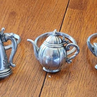 Set Of Five Pewter Tea Pot Napkin Rings