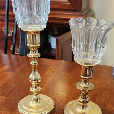 Set of Two Brass Candle Sticks With Glass Top - 1