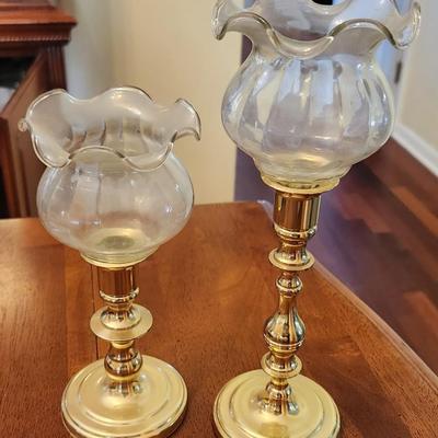 Set of Two Brass Candle Sticks With Glass Top - 2