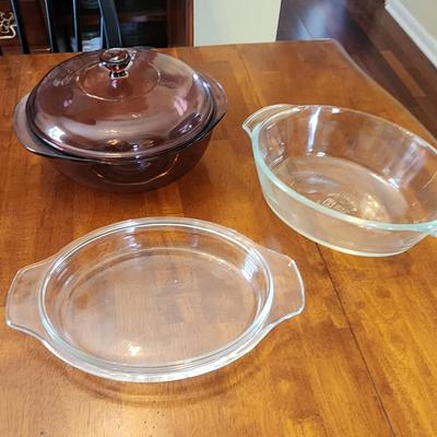 Set Of Three Glass Baking Dishes, Third Dish Can Be Used As Lid For Second Dish
