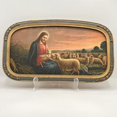Vtg. Wood Frame Of Jesus The Good Shepherd