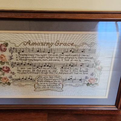 Hand stitched matted and framed Amazing Grace cross stich framed art 19.5