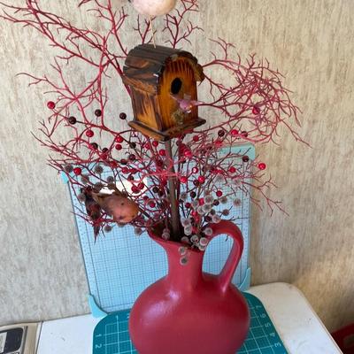 Red Tall vase with bird house decor