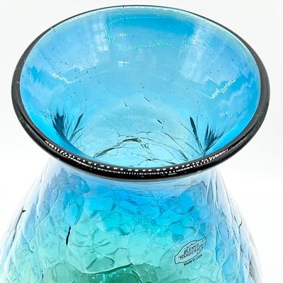 BLENKO GLASS ~ Handcrafted Crackled Blue OmbrÃ© Vase