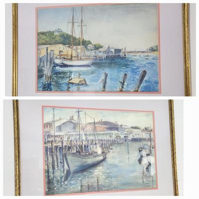 2 Framed Matted Paintings H.L. Roberts Seaports Water Ships