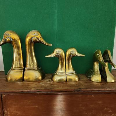 3 Sets of Heavy Brass Duck Bookends