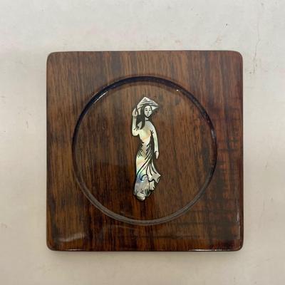 Wood Coaster Set - Mother of Pearl inlay - Lady with Hat