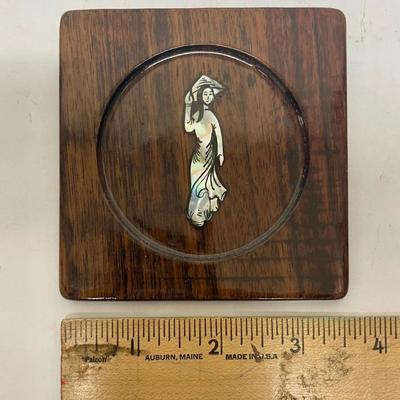 Wood Coaster Set - Mother of Pearl inlay - Lady with Hat
