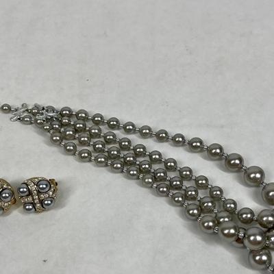 Vintage Jewelry Gray Pearls with Crystal Accents Necklace & Clip-on Earring Set
