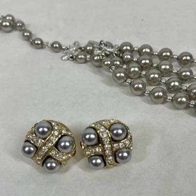Vintage Jewelry Gray Pearls with Crystal Accents Necklace & Clip-on Earring Set