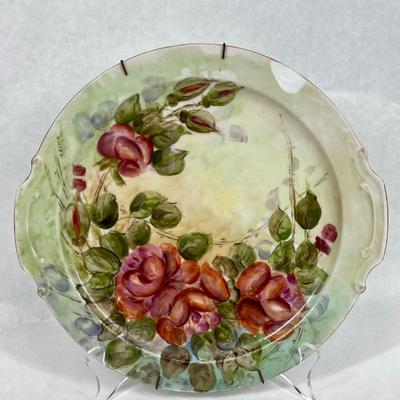 Vintage Cake Handled Plate Hand Painted Pink Flowers on Green Background