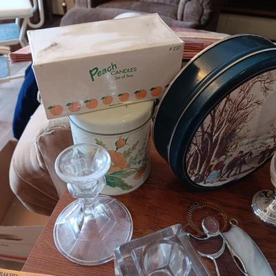 LARGE LOT OF CANDLES, TINS, CANDLE HOLDERS AND MORE