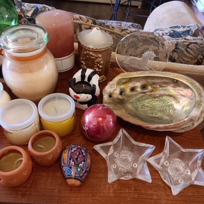 LARGE LOT OF CANDLES, TINS, CANDLE HOLDERS AND MORE