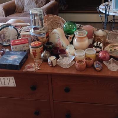 LARGE LOT OF CANDLES, TINS, CANDLE HOLDERS AND MORE