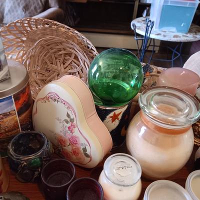 LARGE LOT OF CANDLES, TINS, CANDLE HOLDERS AND MORE