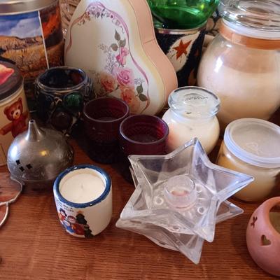 LARGE LOT OF CANDLES, TINS, CANDLE HOLDERS AND MORE