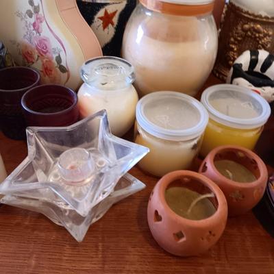 LARGE LOT OF CANDLES, TINS, CANDLE HOLDERS AND MORE