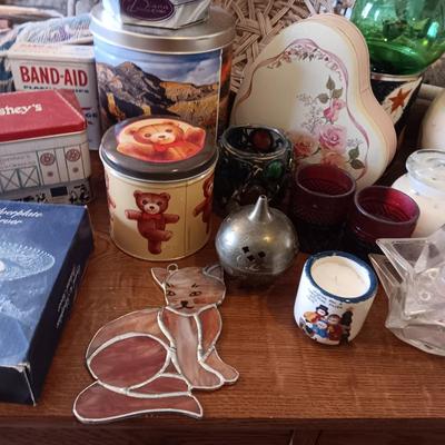 LARGE LOT OF CANDLES, TINS, CANDLE HOLDERS AND MORE