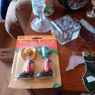 LARGE LOT OF CANDLES, TINS, CANDLE HOLDERS AND MORE