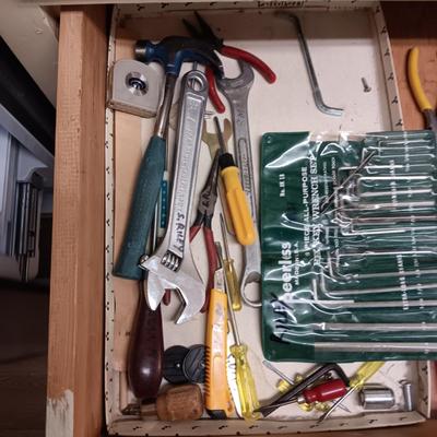 DRAWER FULL OF HARDWARE AND SOME HAND TOOLS