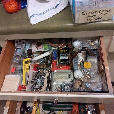 DRAWER FULL OF HARDWARE AND SOME HAND TOOLS