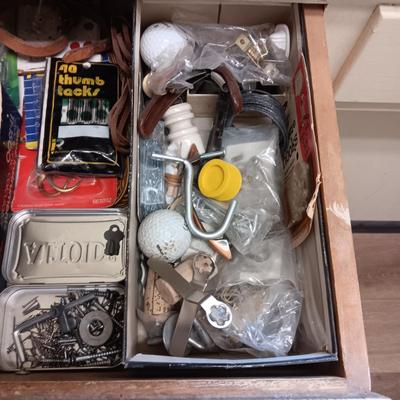 DRAWER FULL OF HARDWARE AND SOME HAND TOOLS
