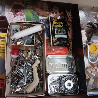 DRAWER FULL OF HARDWARE AND SOME HAND TOOLS