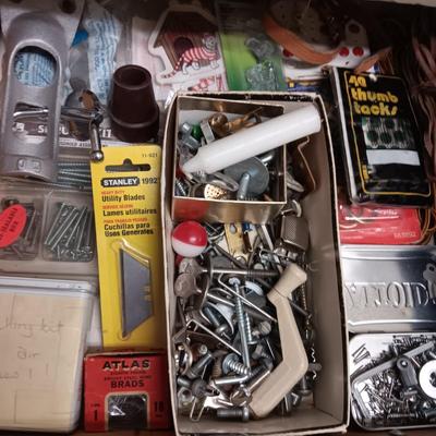 DRAWER FULL OF HARDWARE AND SOME HAND TOOLS
