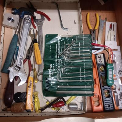 DRAWER FULL OF HARDWARE AND SOME HAND TOOLS