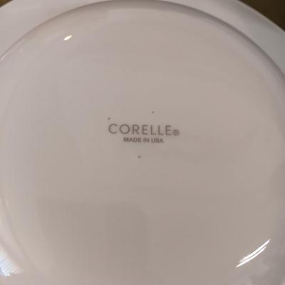 4 LARGE CORELLE BOWLS, SECTIONED AND SERVING BOWL