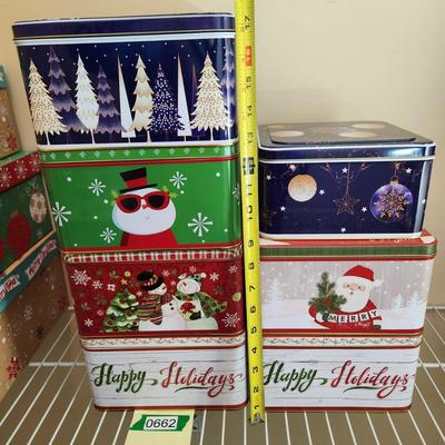 Lot of Lindy Bowman Holiday Christmas Gift Metal Tin Cans many nesting 662