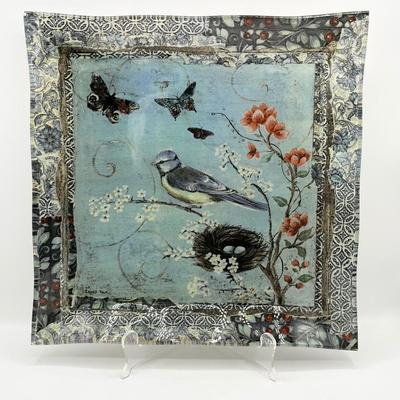 JANET TAVA ~ Butterfly & Nesting Bird Glass Serving Tray