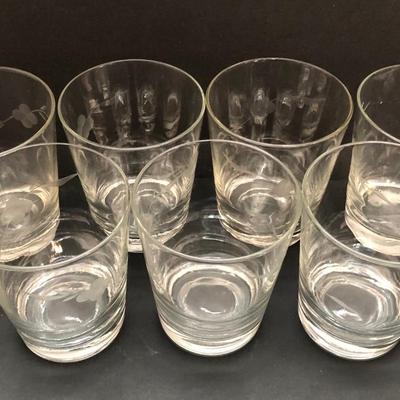 LOT 7U: Collection of Vintage Matching Etched Glass - Stemmed, High and Lowball Glasses, Pitcher