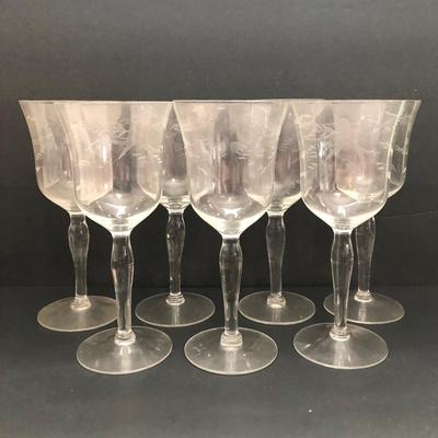 LOT 7U: Collection of Vintage Matching Etched Glass - Stemmed, High and Lowball Glasses, Pitcher