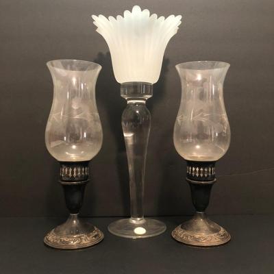 LOT 9U: Vintage Towle Weighted Sterling Silver Candlestick Holders w/ Glass Toppers & Frosted Crystal Tulip Candle Holder