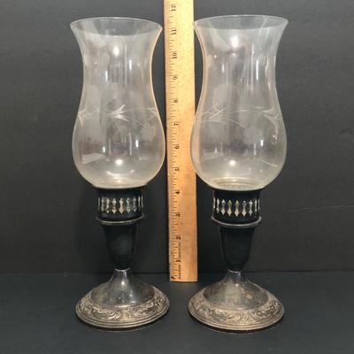 LOT 9U: Vintage Towle Weighted Sterling Silver Candlestick Holders w/ Glass Toppers & Frosted Crystal Tulip Candle Holder