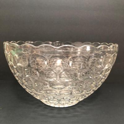LOT 14U: Vintage Fostoria Ribbon Edge Glass Punch Bowl w/ 10 Matching Cups