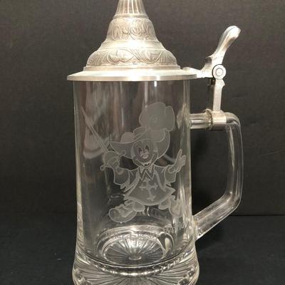 LOT 19U: Disney Collection - Mickey Mouse 3 Musketeers Glass Stein, Tinkerbell Pewter Bell & Vintage Vinyl Records: 1973 Robin Hood, 1966...