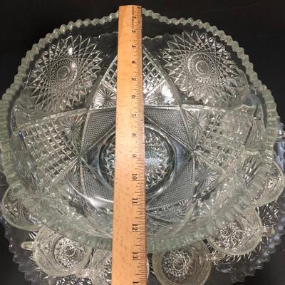 LOT 23U: Vintage / Antique Brilliant Cut Glass Punch Bowl w/ 12 Matching Cups & 19