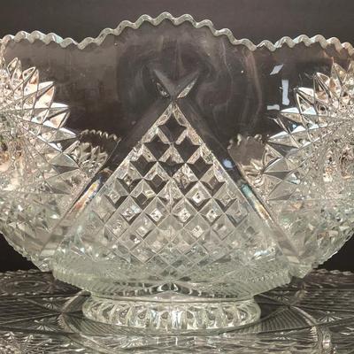 LOT 23U: Vintage / Antique Brilliant Cut Glass Punch Bowl w/ 12 Matching Cups & 19