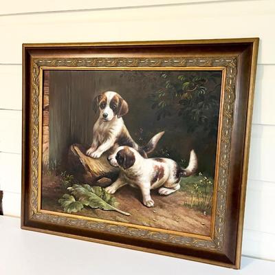 Puppies Framed Oil Painting ~ 27 x 31