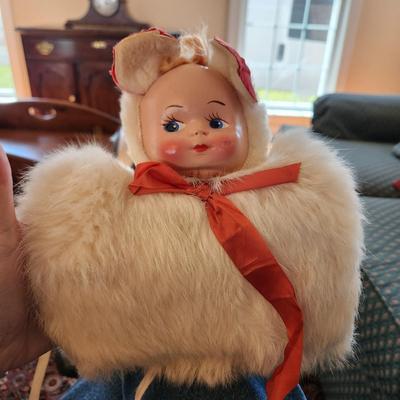 Vintage Muff Doll Head / Teddy Bear Hand Warmer