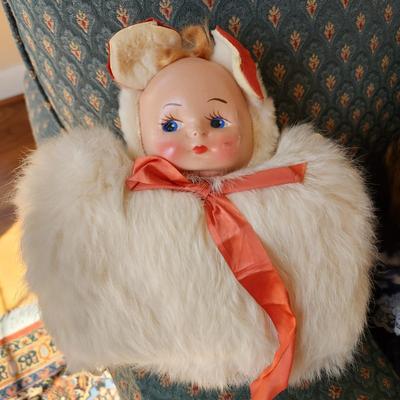 Vintage Muff Doll Head / Teddy Bear Hand Warmer